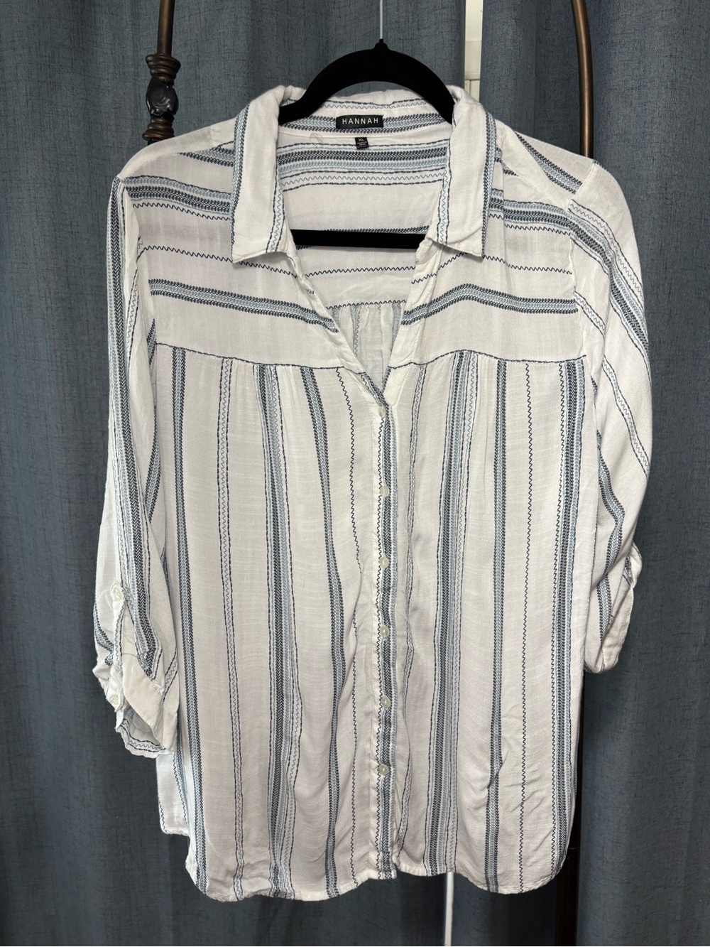 Hannah White Button-Down Shirt with Blue Stripes